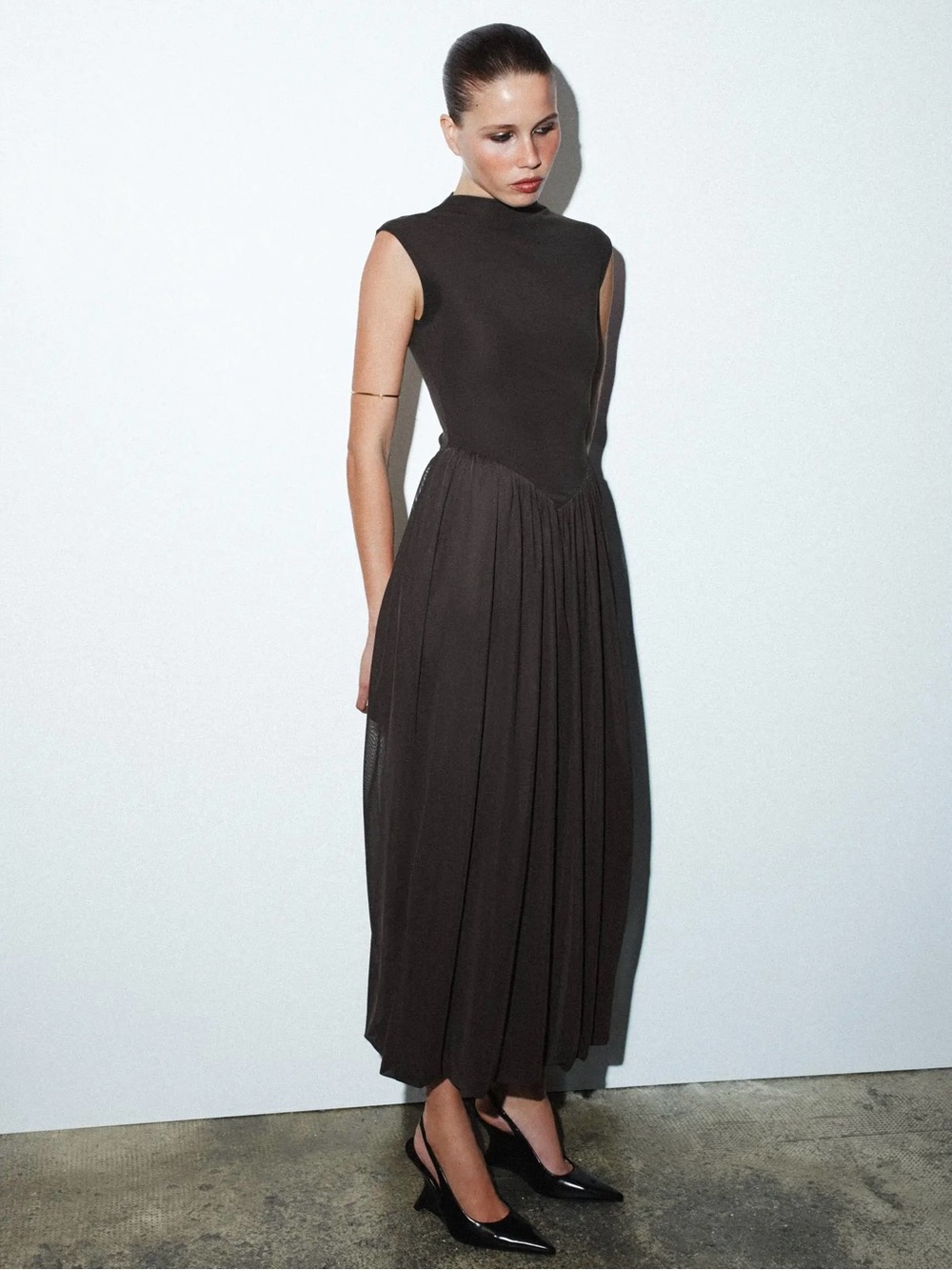 Zara Long Tulle Combined Midi Dress Chocolate Brown Sz L NWT